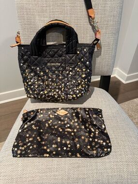 MZ Wallace Black Quilted Crossbody Tote with Gold Star Print